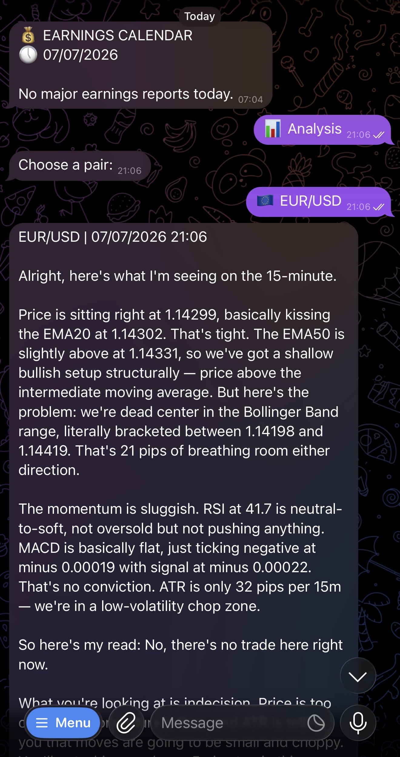 Bot live technical analysis for EUR/USD with indicators and read