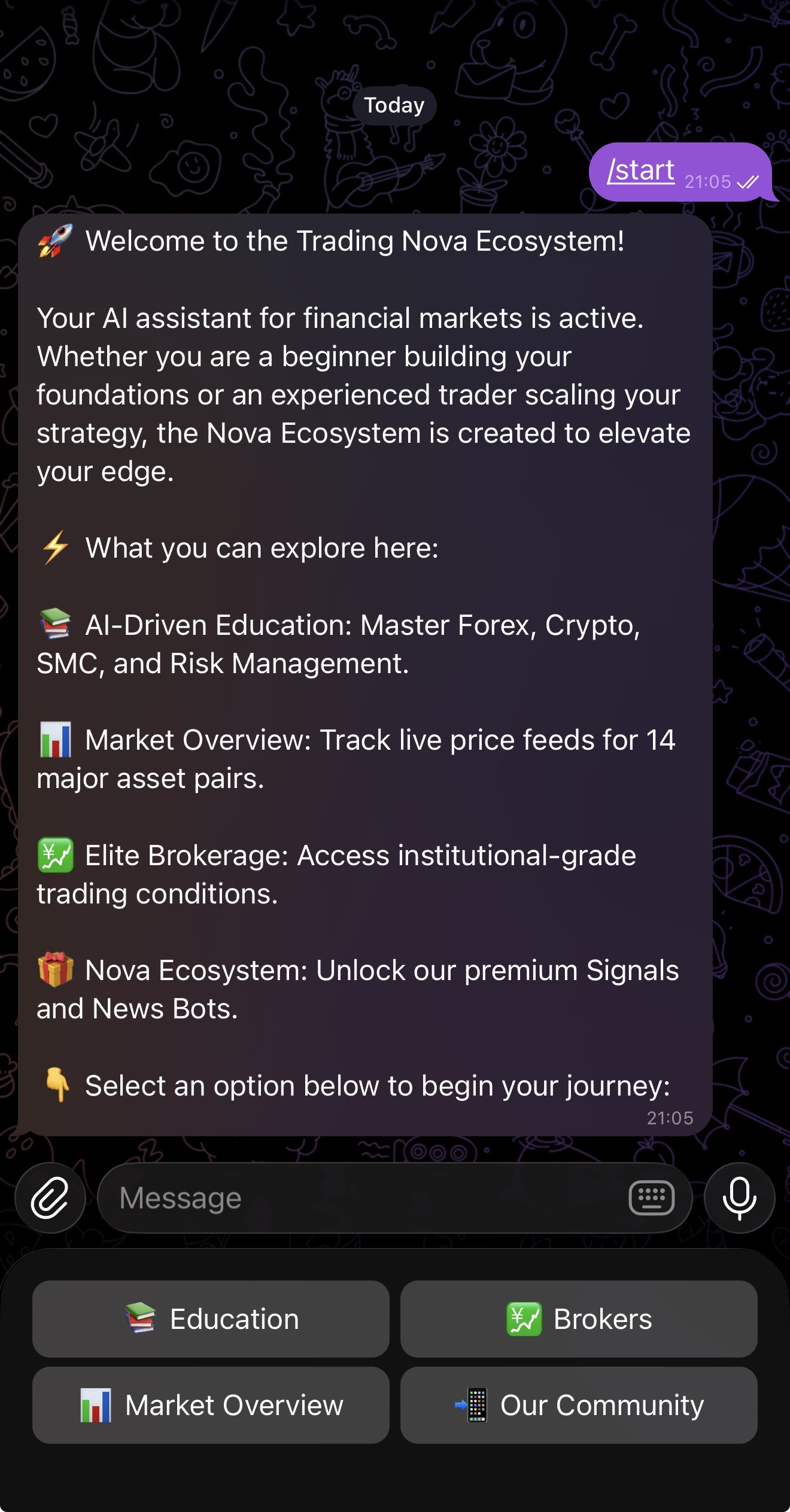 Bot welcome message with main menu: Education, Brokers, Market Overview, Our Community